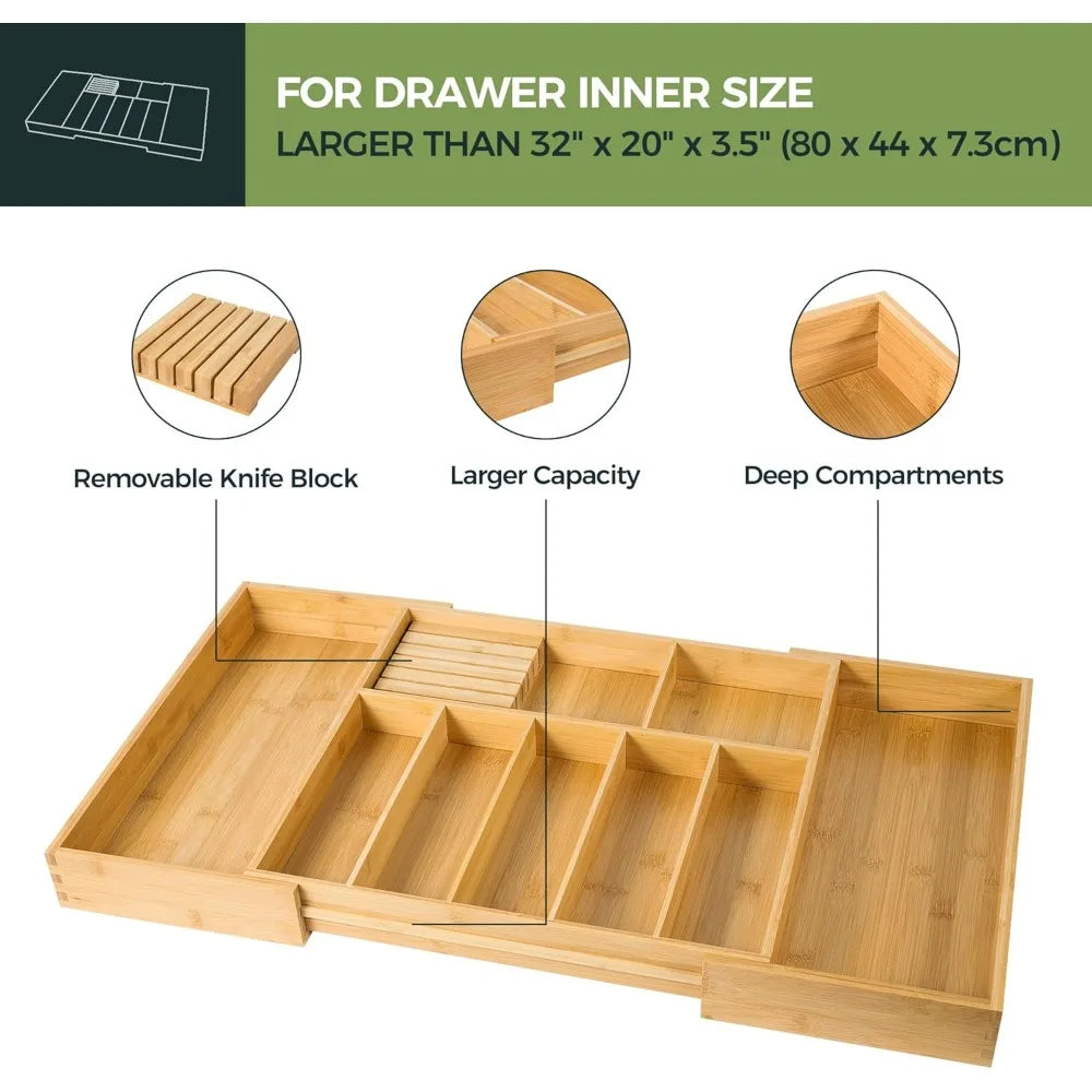 Extra Large Kitchen Utensil Holder, Bamboo Silverware Drawer Organizer, Expandable Cutlery Organizer with Knife Block