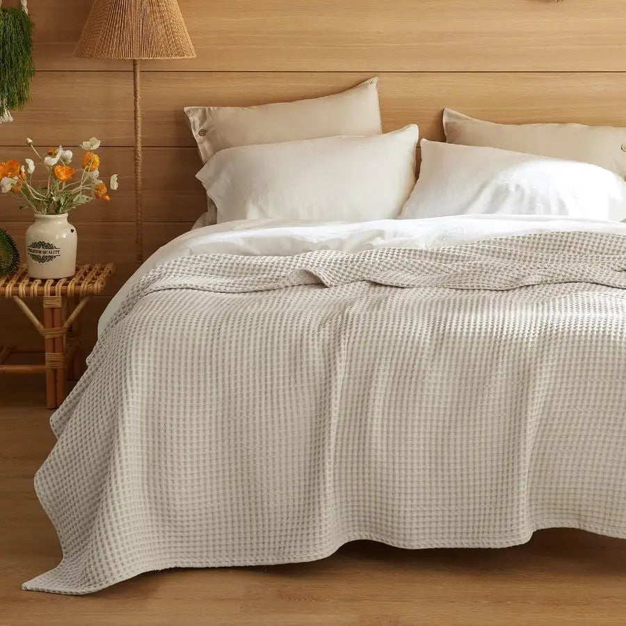 100 Cotton Blanket Queen Size for Spring Summer, Waffle Weave Thin Lightweight Breathable Blanket for Bed, Cotton Bedding Room D