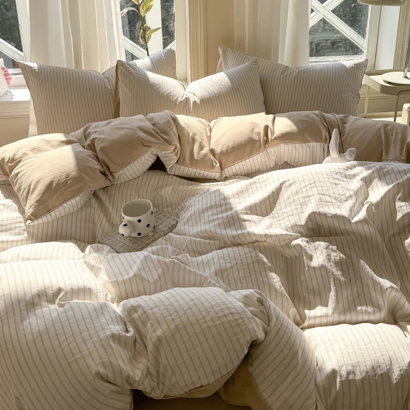 Pure Washed Cotton Stripe Style Bedding Set Simple Ins Duvet Cover Set Ultra Soft Comfortable Bed Sheet Set Bed Linen Pillowcase