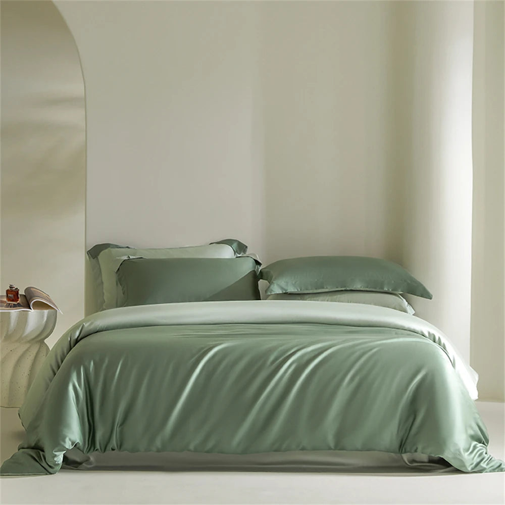 Liv-Esthete Double Color Noble 100% Silk Bedding Set Silky Green Queen King Duvet Cover Flat Sheet Pillowcase Bed Linen Set