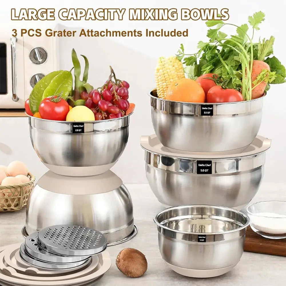 Mixing Bowls with Airtight Lids Set, 8PCS StainlSteel Khaki Nesting Bowls with Grater Attachments, Kitchen Bowls with Non-Slip B
