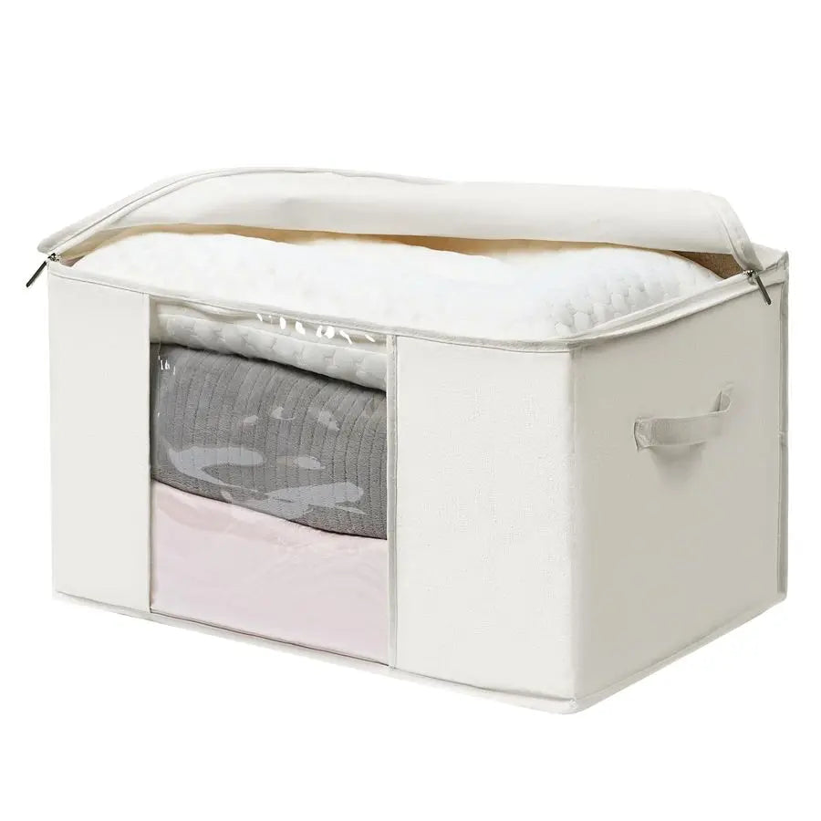 Large Storage Bags with Zipper and Clear Window, Cotton Blended Fabric Storage Containers for Seasonal Clothes and Bedding, 23.6
