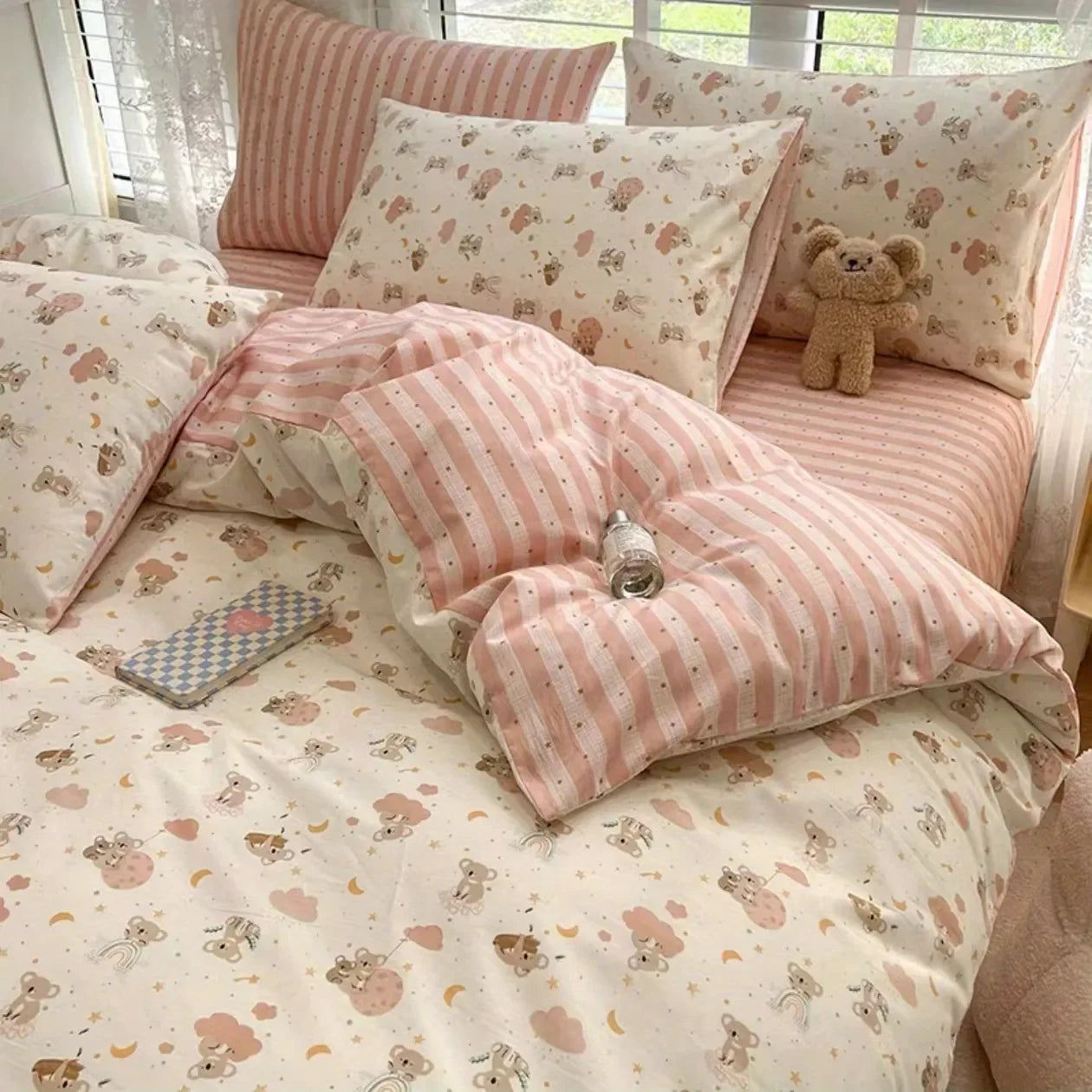 Cute Rabbit Bedding Set Flat Sheet Duvet Cover Pillowcases Single Double Queen Size Bed Linen Boys Girls Home Textile