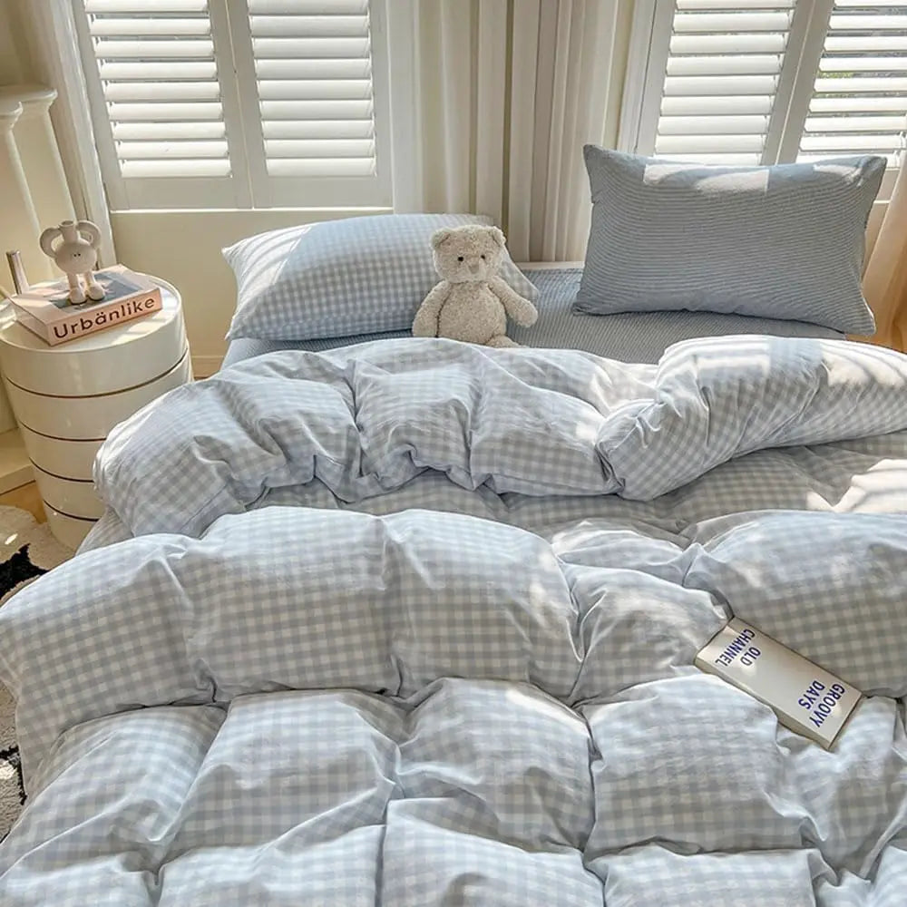Queen Size Blue White Plaid Duvet Cover Set, Soft Breathable Microfiber Bedding with Pillow Shams