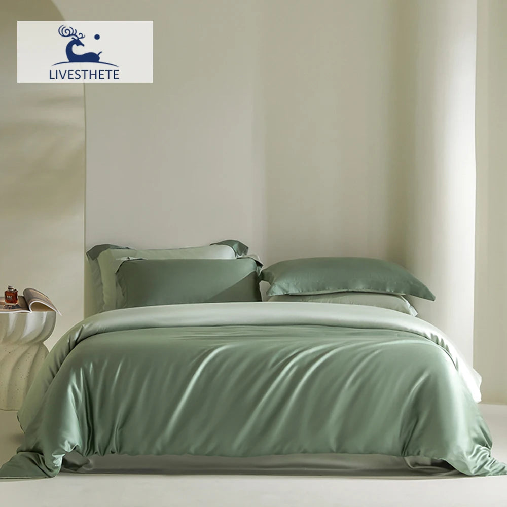 Liv-Esthete Double Color Noble 100% Silk Bedding Set Silky Green Queen King Duvet Cover Flat Sheet Pillowcase Bed Linen Set