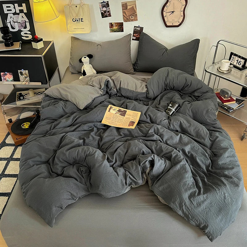 Washed Cotton Bedding Set with Pillowcase bed sheet Single Full Size Bed Linen Duvet Cover Set Queen/King Double Single Bed