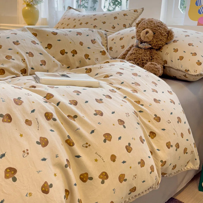 Ins Soft Bedding Set Mushroom Girls Single Double King Size Duvet Cover No Filler Flat Sheet Pillowcase Washed Cotton Bed Linens