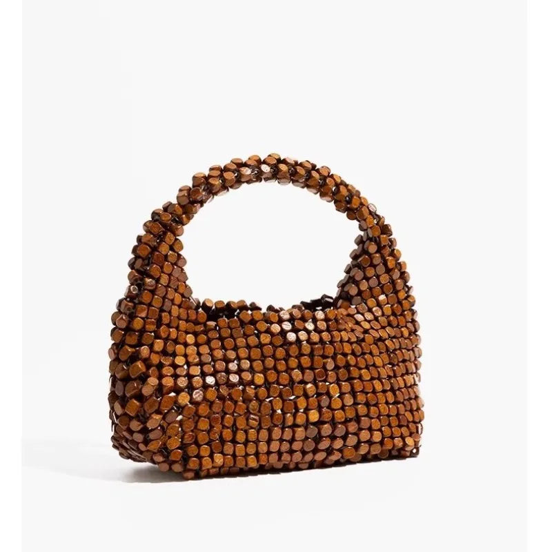 Vintage niche wooden beaded handbag 2026 new handwoven shoulder messenger bag summer beach bag
