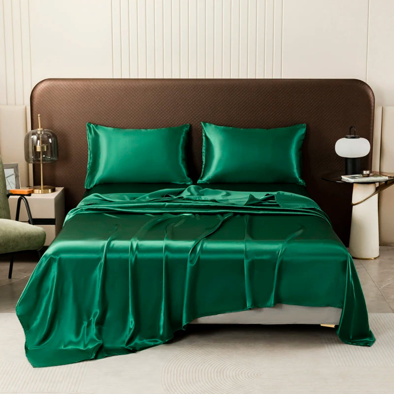 Washable Ice Silk Mattress Protector Dustproof Sheet Bedding Bed Linen Luxury Silky Champagne Flat Sheet (Without pillowcase)