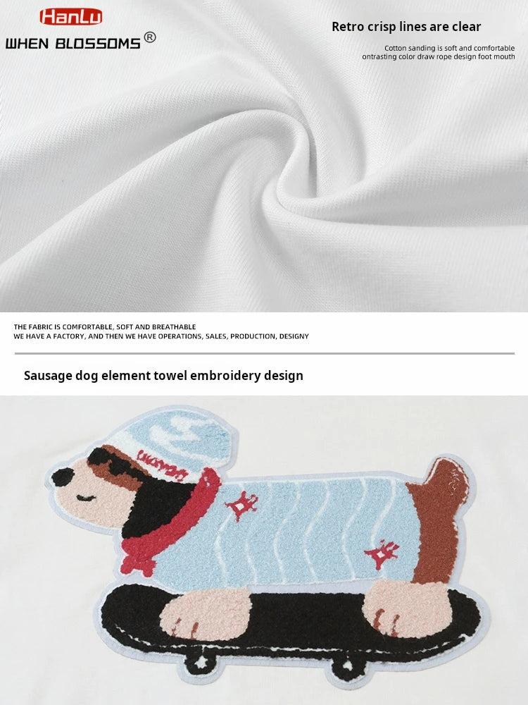 Summer Men's Cotton T-Shirt Cute Dog Embroidery Japanese Style Oversized Couple Tee Streetwear Casual Short Sleeve Loose Fit