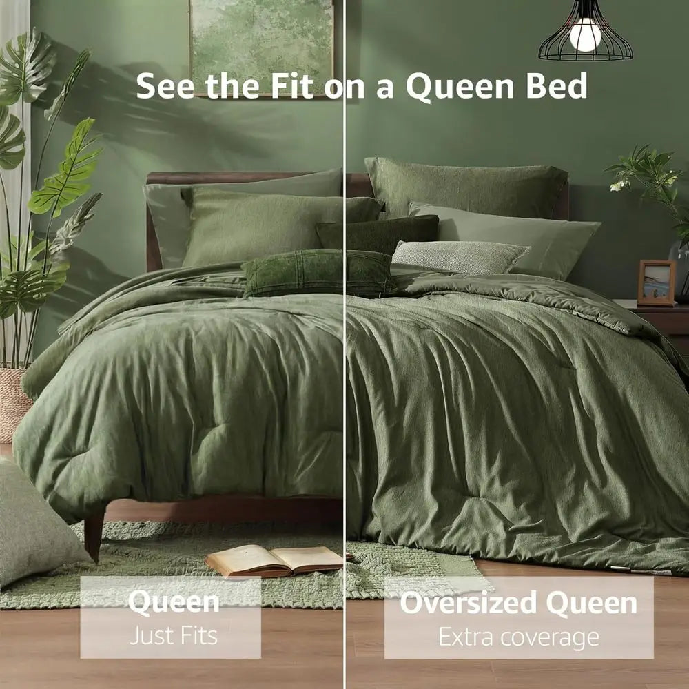 Olive Green Queen Bedding Set with 7-Piece Cationic Dyed Comforter, Sheets, Pillowcases, and Shams