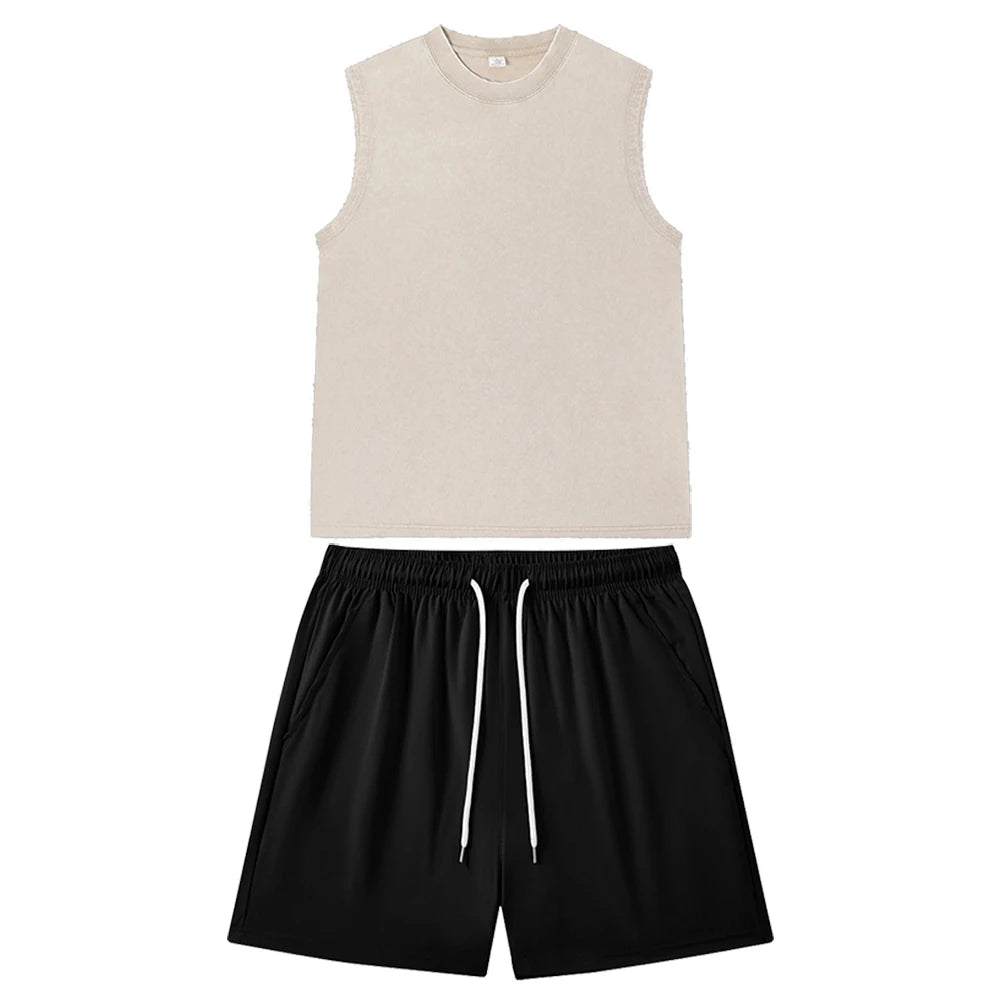 Summer Unisex Vintage Solid Washed Vest and Shorts Suit Casual Streetwear Black Sleeveless Top and Gym Jogging Shorts Outfits