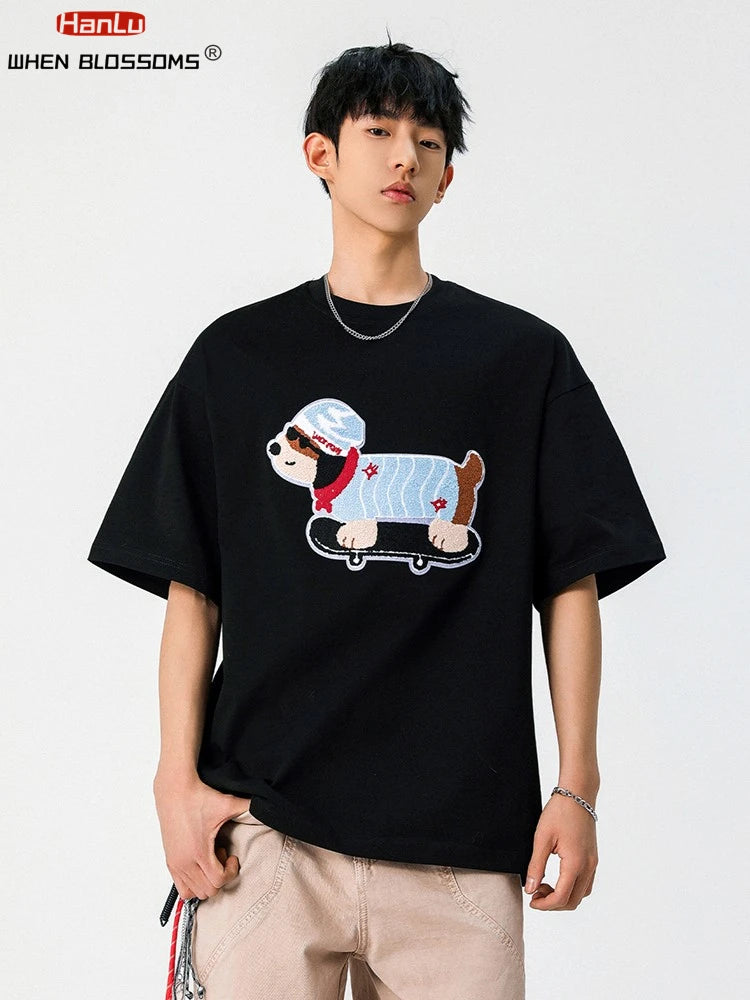 Summer Men's Cotton T-Shirt Cute Dog Embroidery Japanese Style Oversized Couple Tee Streetwear Casual Short Sleeve Loose Fit
