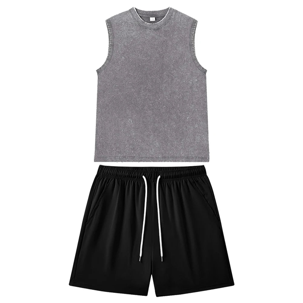 Summer Unisex Vintage Solid Washed Vest and Shorts Suit Casual Streetwear Black Sleeveless Top and Gym Jogging Shorts Outfits