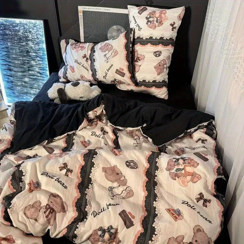 Ins Bedding Set Cute Bear Single Queen Size Soft Duvet Cover Flat Sheet Pillowcase for Girls Boys Home Bed Linens