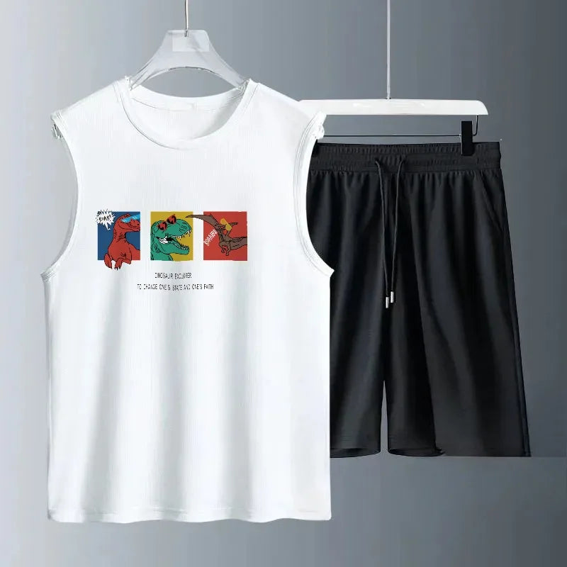 Summer Casual Men's Basketball 2-Piece Set Breathable T-shirt Jogging Shorts Street Sportwear Trendy Thin for Summer