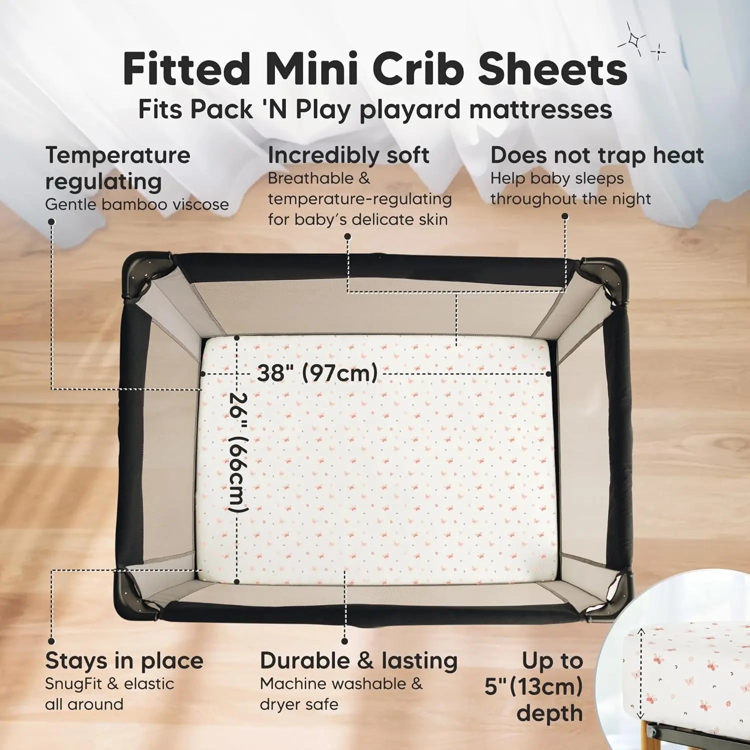 Soft Fitted Mini Crib Sheets 2-Pack for 38x26 Mattress, Neutral Cozy Toddler Playard Bedding