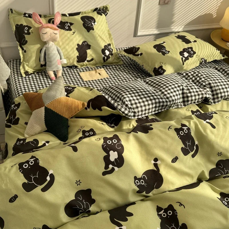 Ins Bedding Set Cute Bear Single Queen Size Soft Duvet Cover Flat Sheet Pillowcase for Girls Boys Home Bed Linens