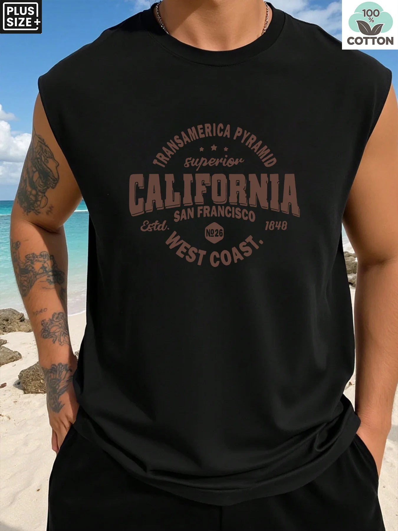 180g 100% extra-large men's cotton drop-shoulder round-neck pullover "California" print