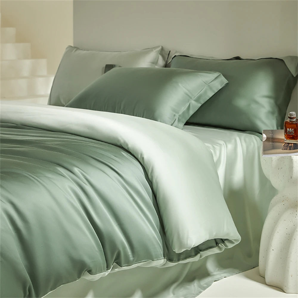 Liv-Esthete Double Color Noble 100% Silk Bedding Set Silky Green Queen King Duvet Cover Flat Sheet Pillowcase Bed Linen Set