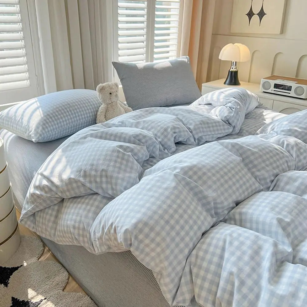 Queen Size Blue White Plaid Duvet Cover Set, Soft Breathable Microfiber Bedding with Pillow Shams