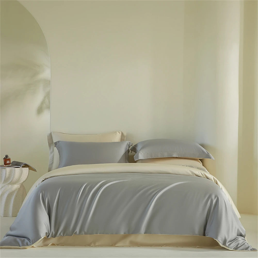Liv-Esthete Double Color Noble 100% Silk Bedding Set Silky Green Queen King Duvet Cover Flat Sheet Pillowcase Bed Linen Set