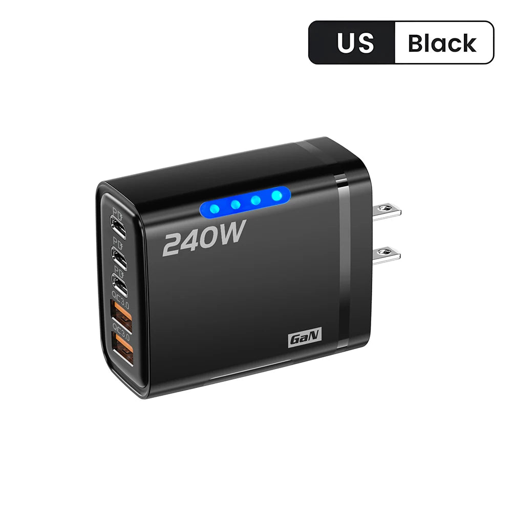 240W GaN 5 in 1 USB C Charger Fast Charging Phone Charger Power Adapter Type C EU/US Plug Wall Charger For iPhone Samsung Xiaomi