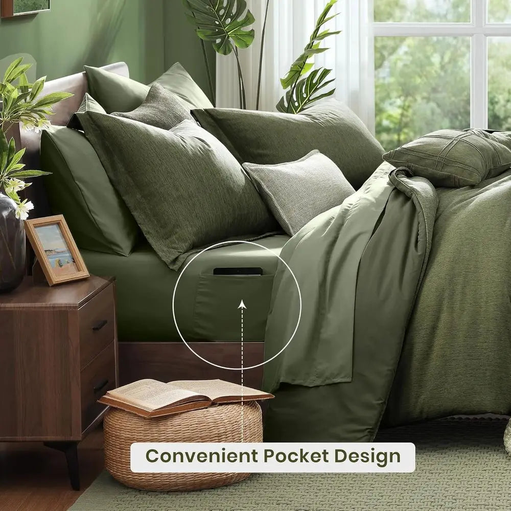 Olive Green Queen Bedding Set with 7-Piece Cationic Dyed Comforter, Sheets, Pillowcases, and Shams