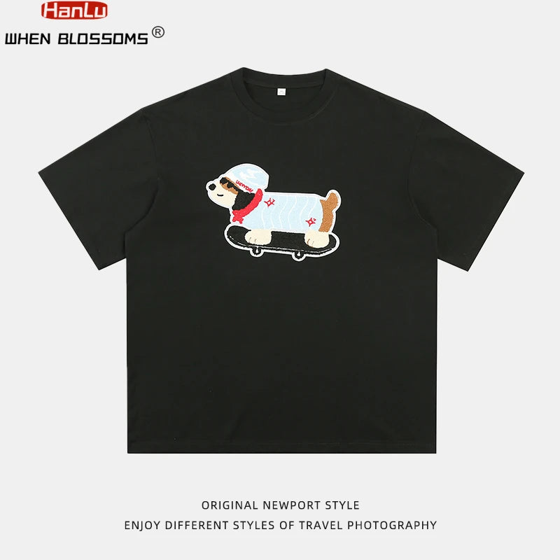 Summer Men's Cotton T-Shirt Cute Dog Embroidery Japanese Style Oversized Couple Tee Streetwear Casual Short Sleeve Loose Fit