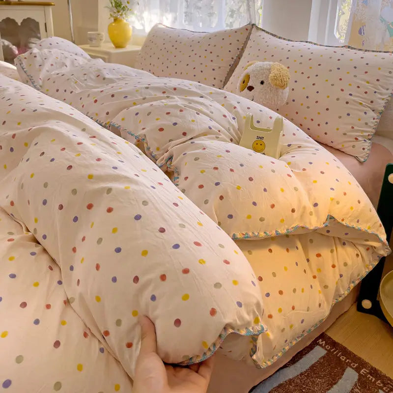 Ins Soft Bedding Set Mushroom Girls Single Double King Size Duvet Cover No Filler Flat Sheet Pillowcase Washed Cotton Bed Linens