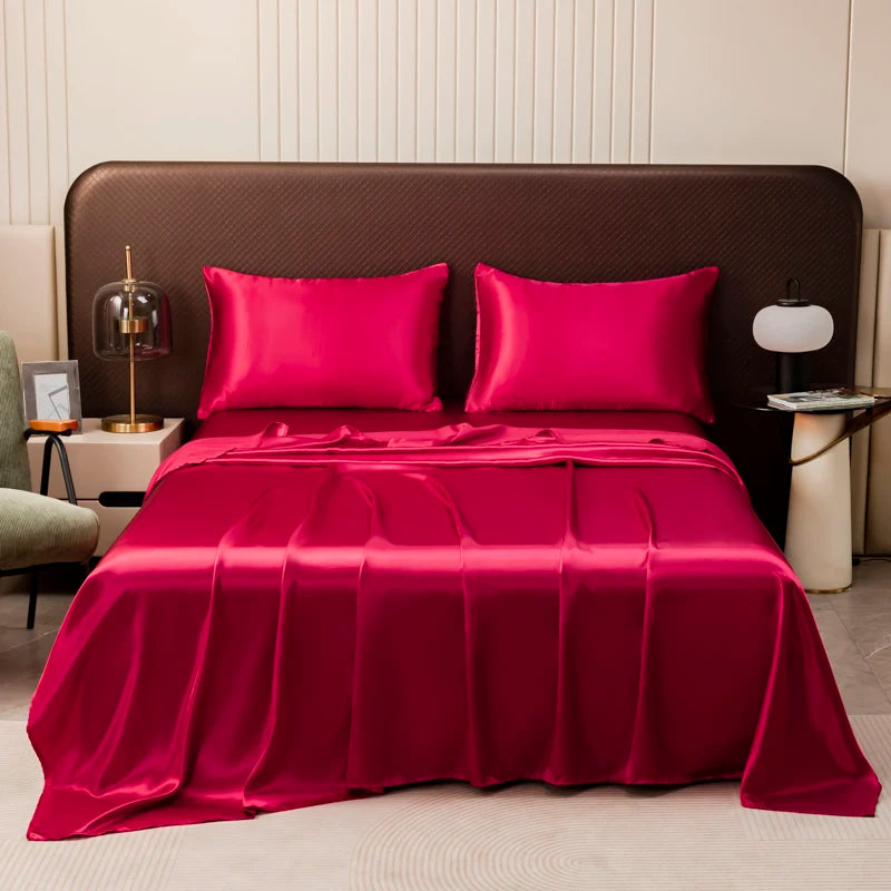 Washable Ice Silk Mattress Protector Dustproof Sheet Bedding Bed Linen Luxury Silky Champagne Flat Sheet (Without pillowcase)