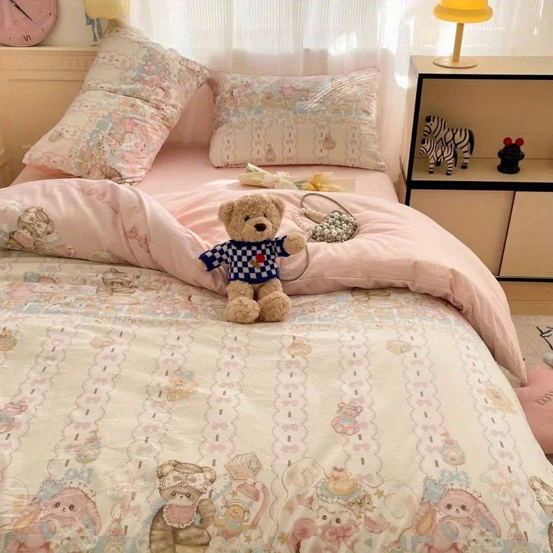 Ins Bedding Set Cute Bear Single Queen Size Soft Duvet Cover Flat Sheet Pillowcase for Girls Boys Home Bed Linens
