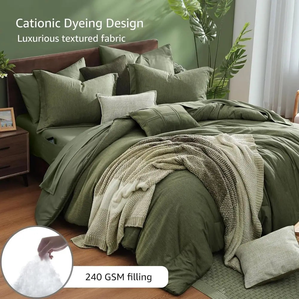 Olive Green Queen Bedding Set with 7-Piece Cationic Dyed Comforter, Sheets, Pillowcases, and Shams