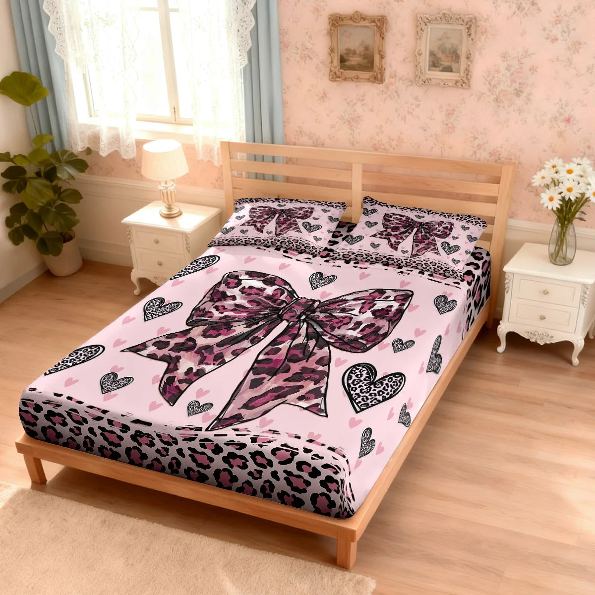 3pcs Leopard Print Bow Print Coreless Bed Sheet Set, Multi Size Comfortable Bed Cover, Bedroom Bedding Decoration