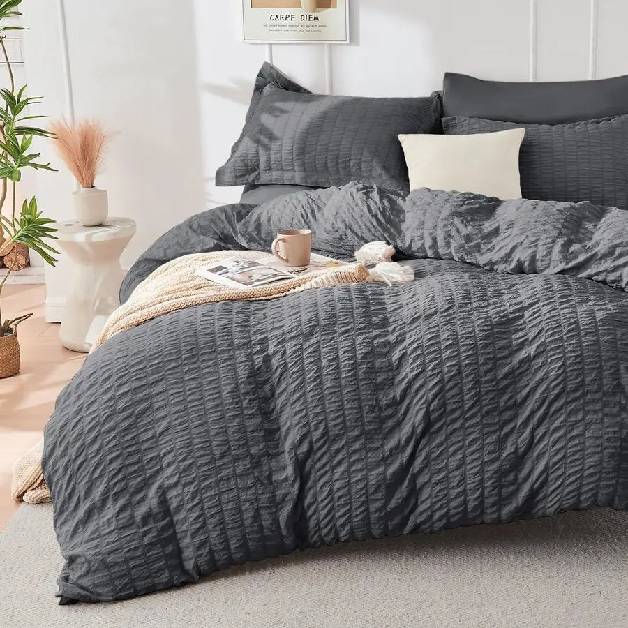 Queen Comforter Set Seersucker 7 Pieces, All Season Luxury Bed in a Bag for Bedroom, Bedding Set with Comforters, Sheets, Pillow