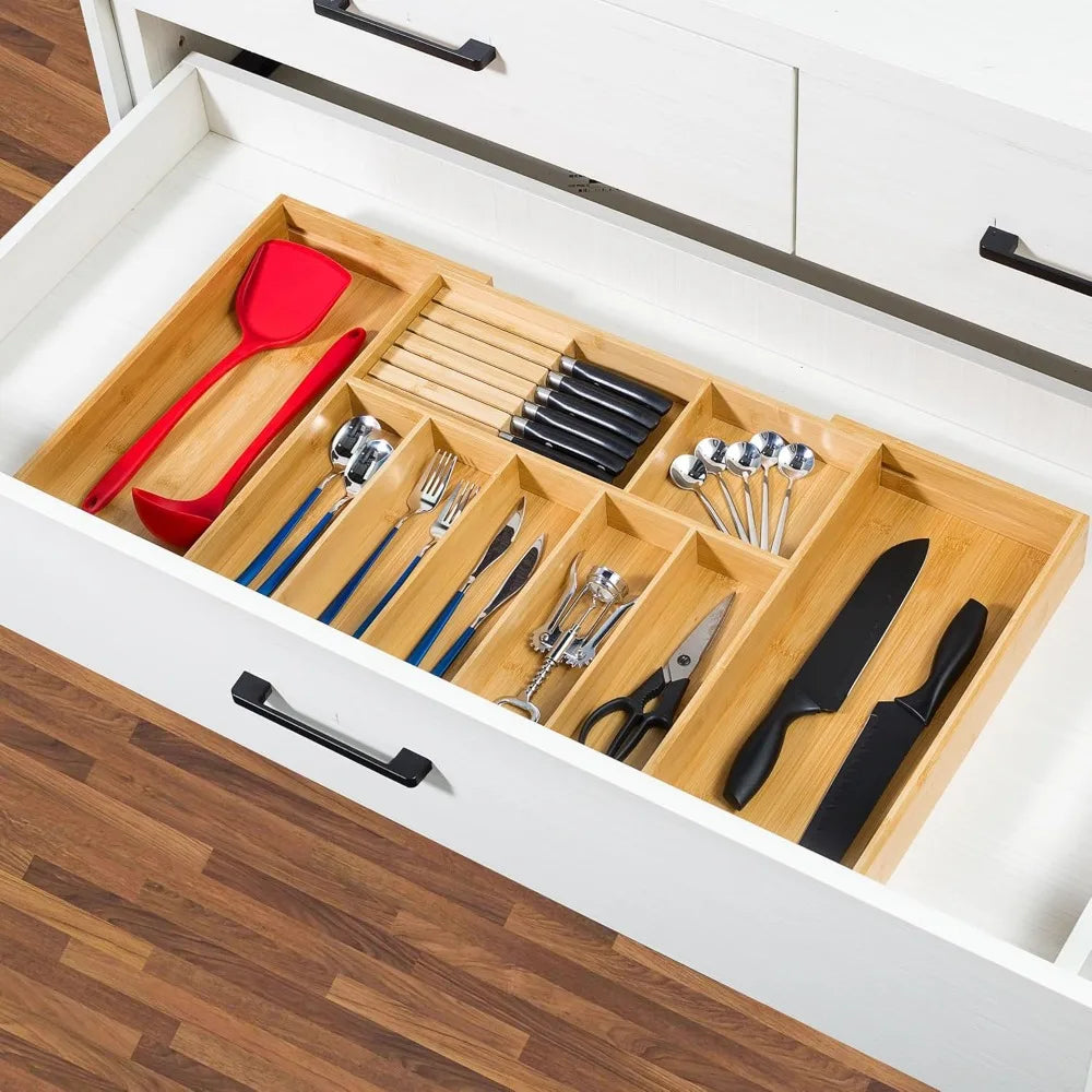 Extra Large Kitchen Utensil Holder, Bamboo Silverware Drawer Organizer, Expandable Cutlery Organizer with Knife Block