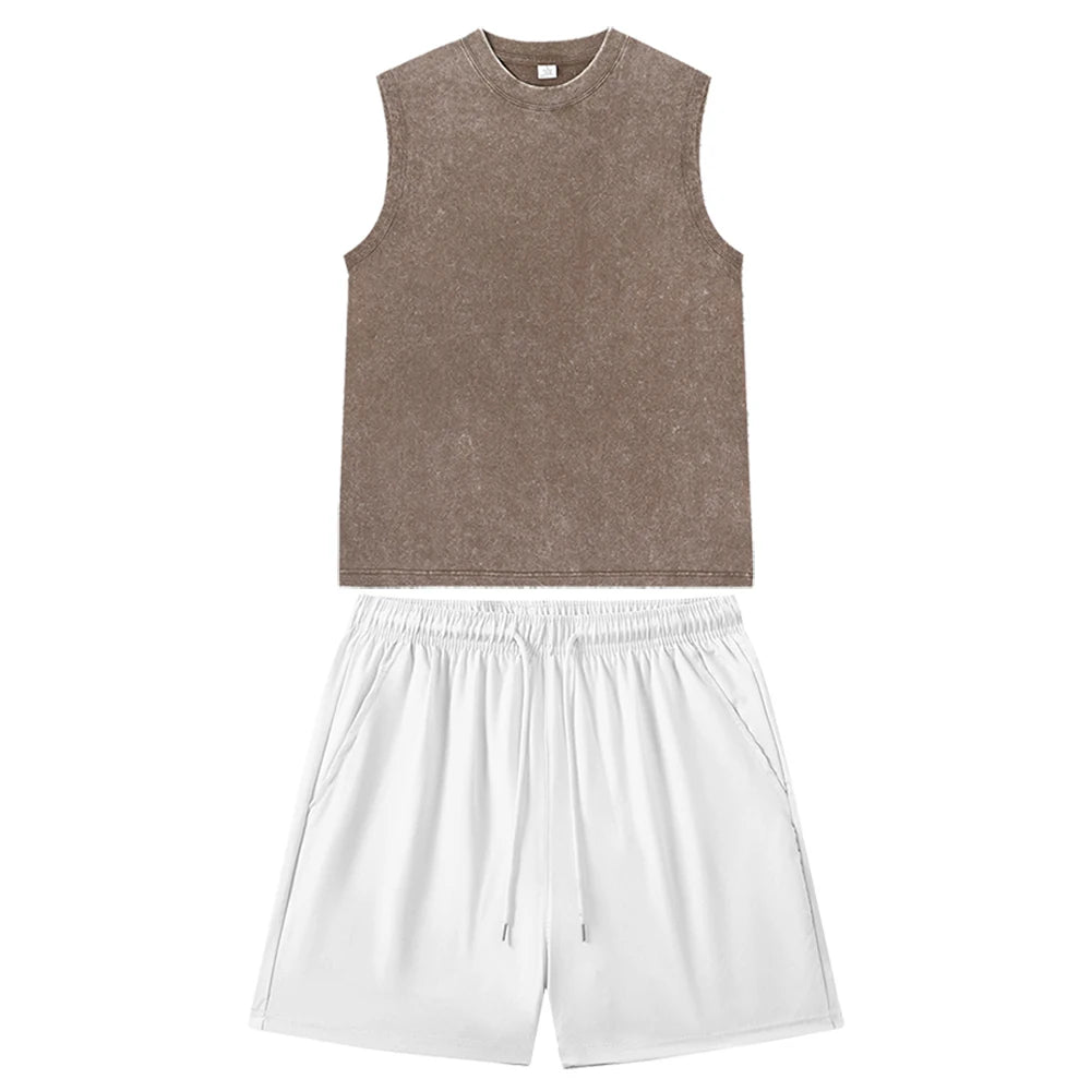Summer Unisex Vintage Solid Washed Vest and Shorts Suit Casual Streetwear Black Sleeveless Top and Gym Jogging Shorts Outfits