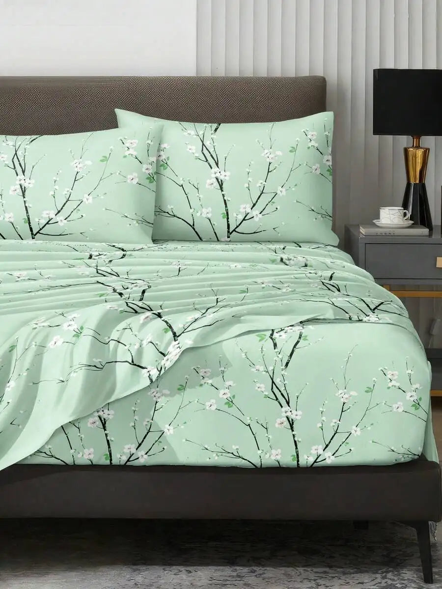 4PCS Mint Green Cherry Blossom Floral Bedding Set, Microfiber Sheet Set with 2 Pillow Shams