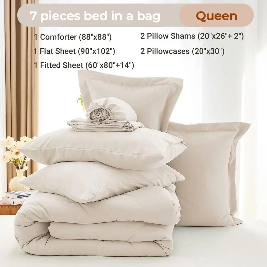 7 Pieces Queen Comforter Set, Soft Bed in a Bag Queen Size, All Season Bedding Set with Comforter, Flat Sheet, Fitted Sheet, Pil