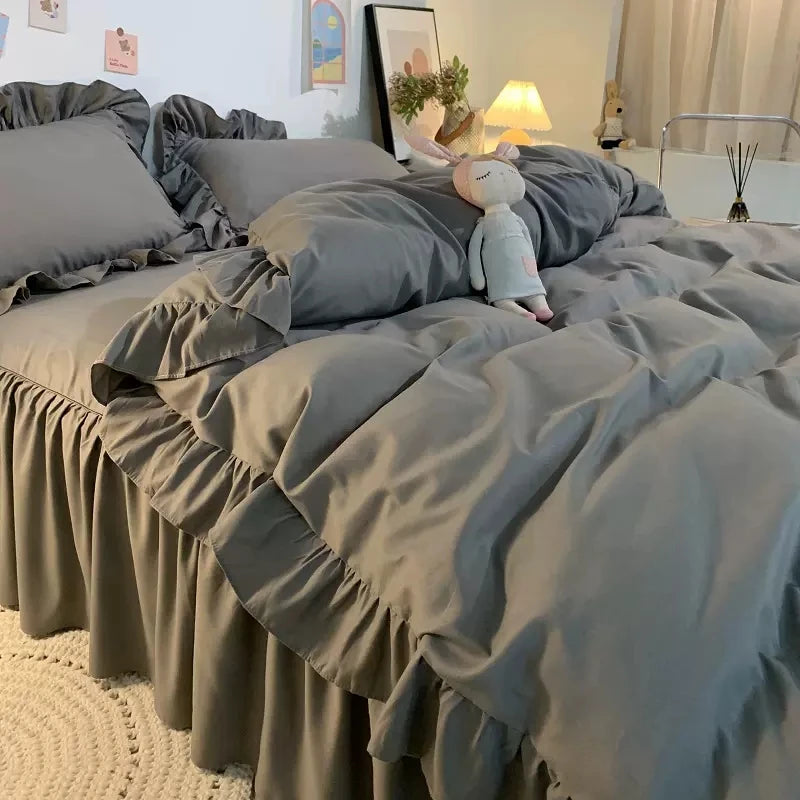 Ins Princess Style Bedding Set For Woman Cute Girl Solid Color Ruffles Duvet Cover Queen King Bed Sheet Bed Skirt Pillow Covers
