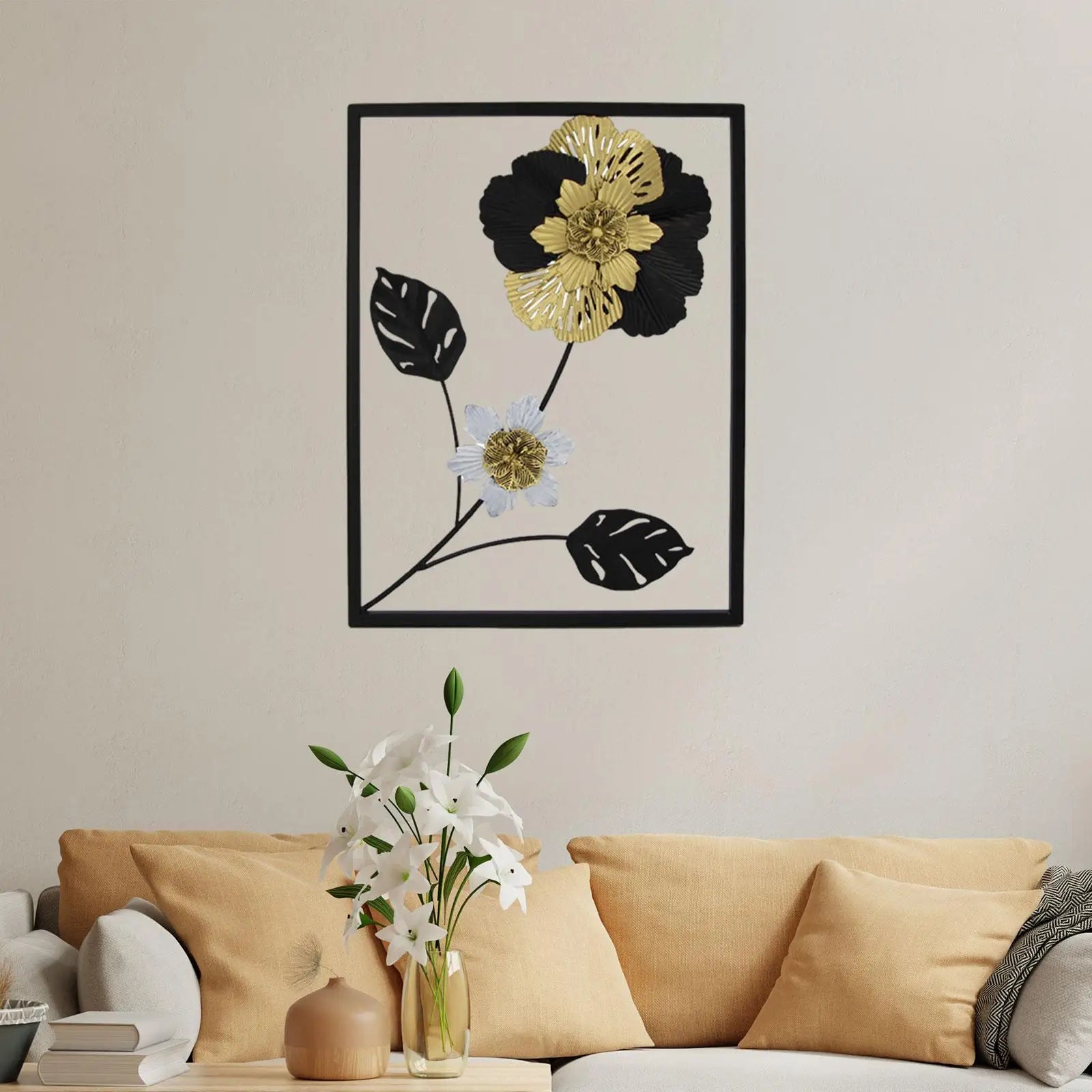 Black Flower Wall Art Bathroom Dining above Bed Hallway Garden Living Room Indoor Decorative Hotel Golden Floral Wall Art