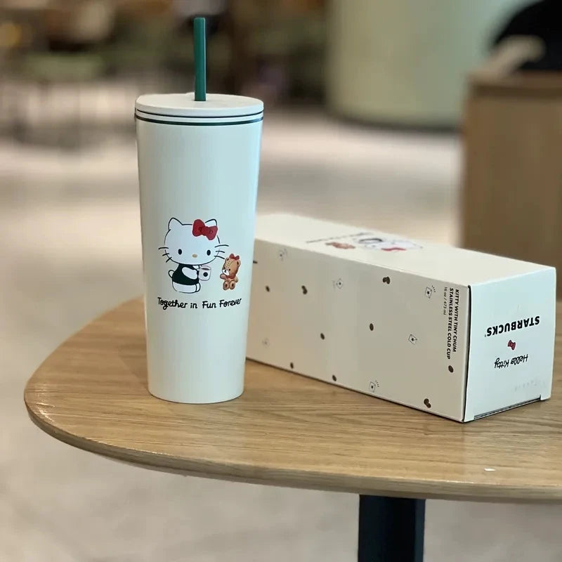 New Cute Cartoon Cat Insulated Cup With Simple And High Beauty Stainless Steel Straw Cup Portable Travel And Camping Goods