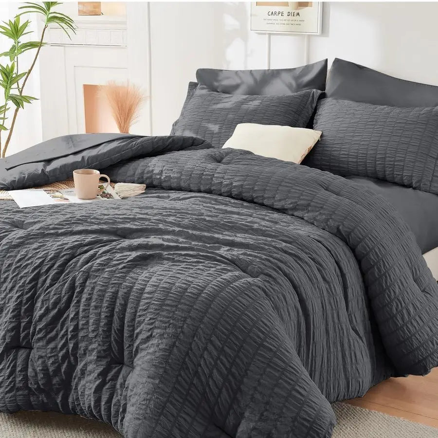 Queen Comforter Set Seersucker 7 Pieces, All Season Luxury Bed in a Bag for Bedroom, Bedding Set with Comforters, Sheets, Pillow