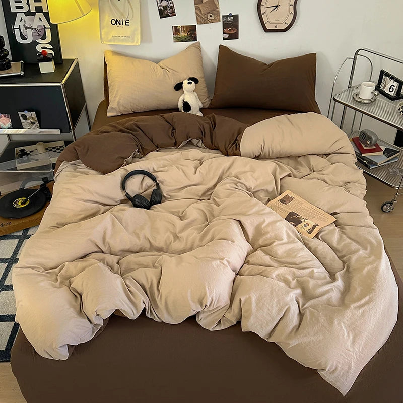 Washed Cotton Bedding Set with Pillowcase bed sheet Single Full Size Bed Linen Duvet Cover Set Queen/King Double Single Bed