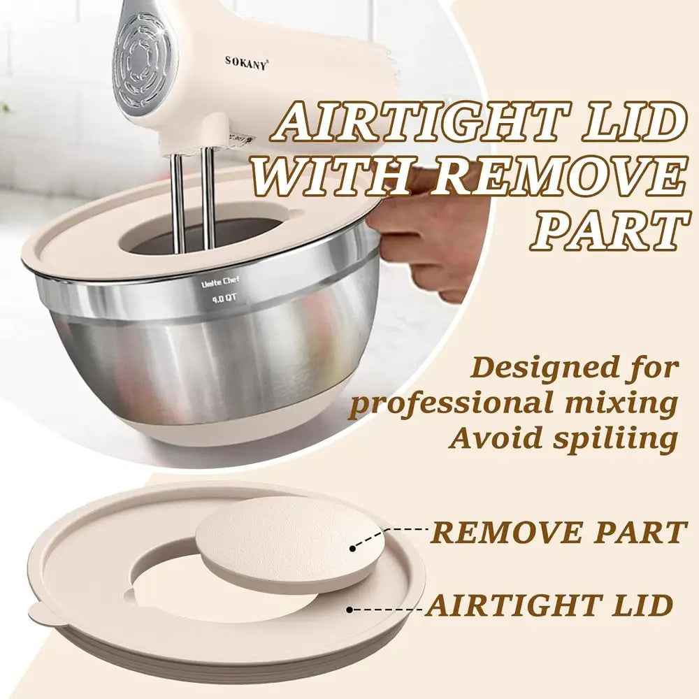 Mixing Bowls with Airtight Lids Set, 8PCS StainlSteel Khaki Nesting Bowls with Grater Attachments, Kitchen Bowls with Non-Slip B