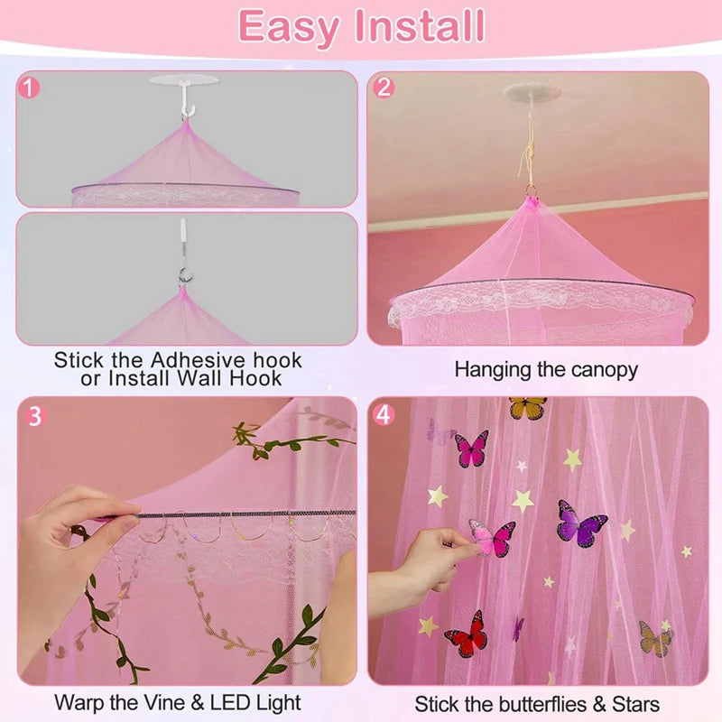 Bed Canopy for Girls Room Bed Canopy Curtains with Led Lights Mosquito Net DIY Princess Room Decor with Butterflies