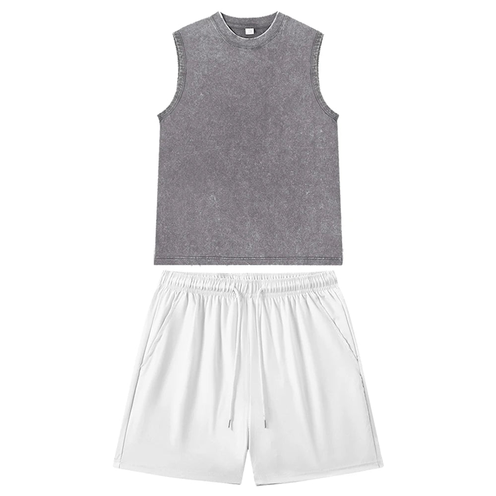 Summer Unisex Vintage Solid Washed Vest and Shorts Suit Casual Streetwear Black Sleeveless Top and Gym Jogging Shorts Outfits