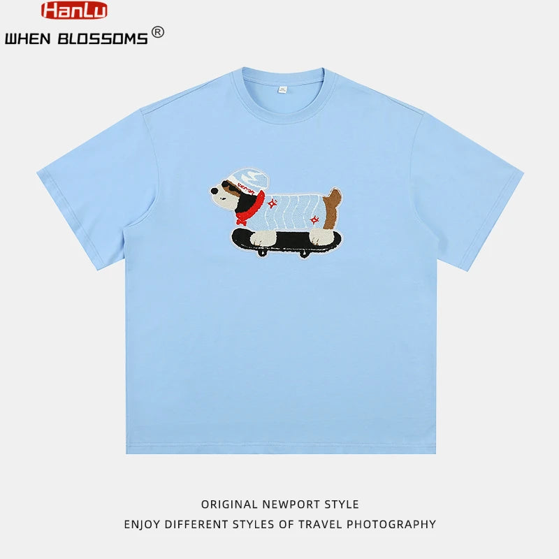 Summer Men's Cotton T-Shirt Cute Dog Embroidery Japanese Style Oversized Couple Tee Streetwear Casual Short Sleeve Loose Fit