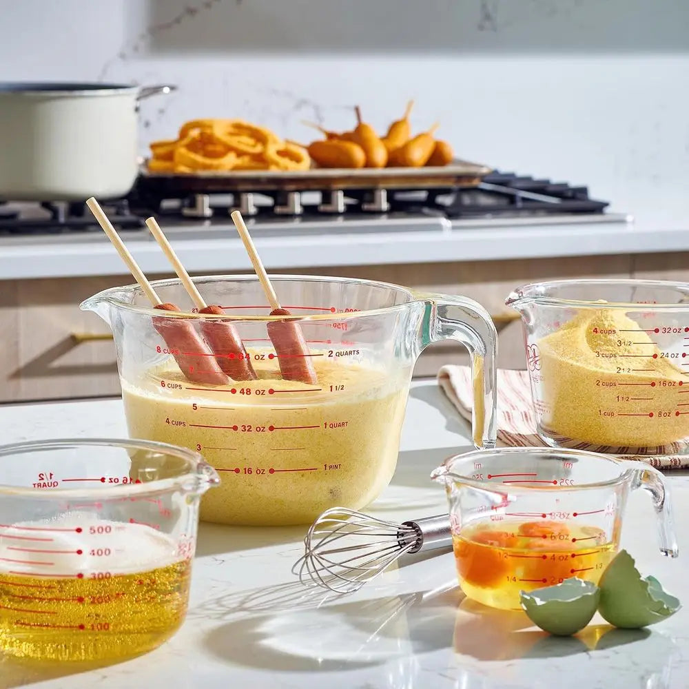 Set o 3 Glass Measuring Cups with Measuring Spoons & Whisk - Kitchen Mixing Bowl Liquid Measure Cup, Glass Bakeware. 1 cup, 2 cu