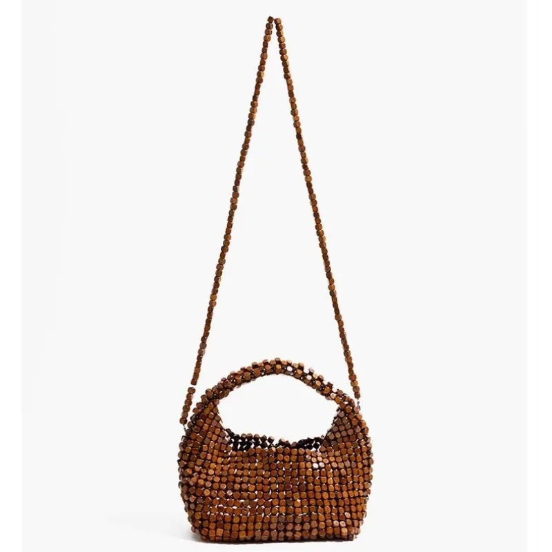 Vintage niche wooden beaded handbag 2026 new handwoven shoulder messenger bag summer beach bag